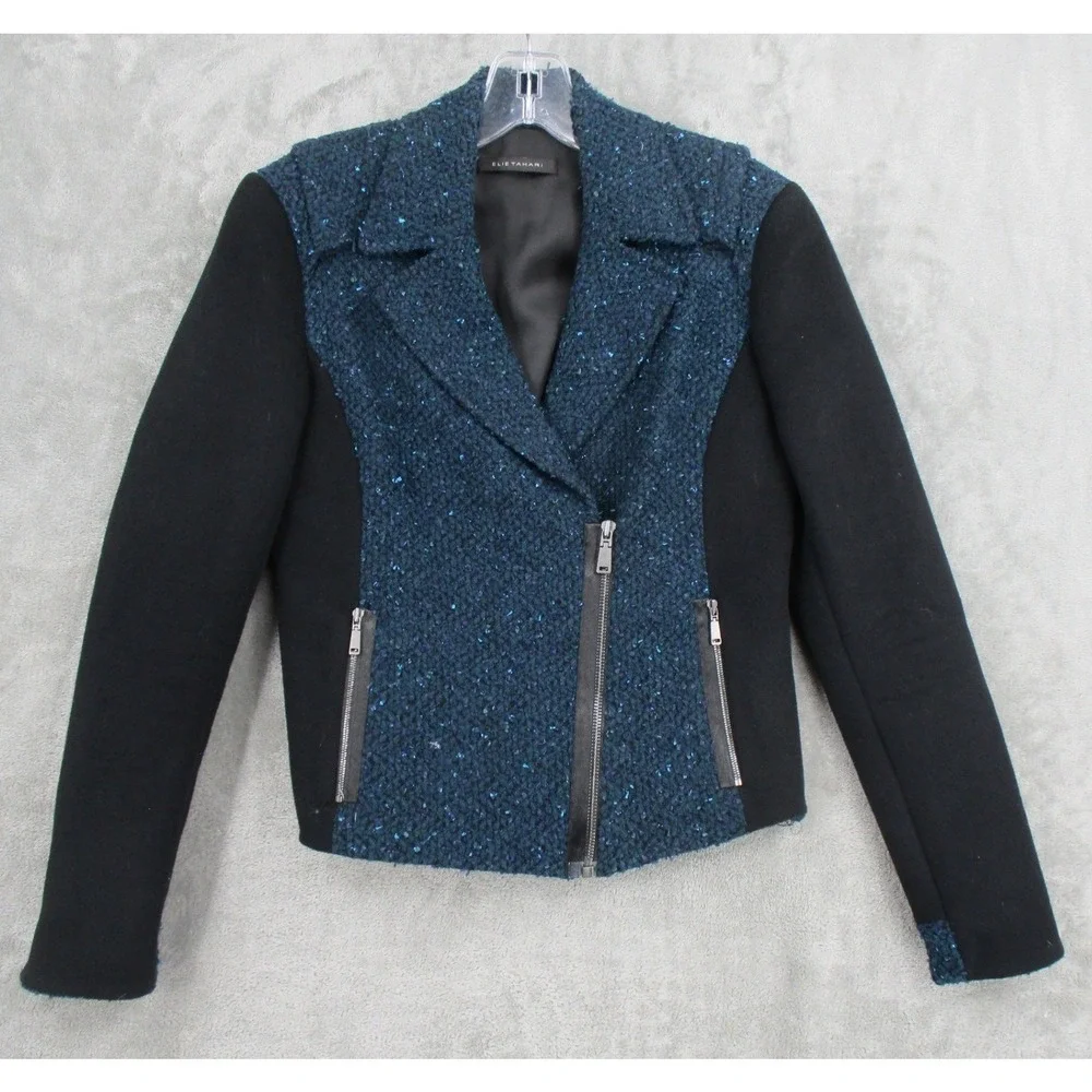 Elie Tahari Jacket Womens Size 2 Wool Blend Tweed Moto Full Zip Pockets Office